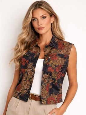 Vintage Jones NY Country Floral Vest Equestrian Fall Button Front Size 10